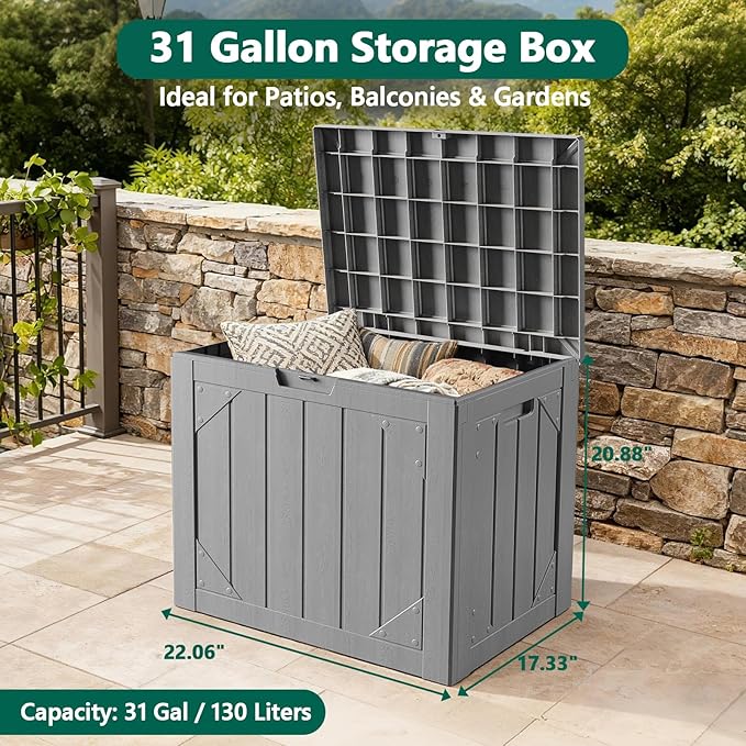 Outdoor Storage Box, 31 Gallon Lockable Waterproof Deck Storage Box, Yard Storage Bin, Suitable for Gardens, Gray