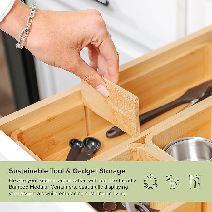Modular Drawer Organizer Set – Kitchen Edge Storage with 3 Containers & 5 Compartments, Magnetic with Removable Inserts, Stackable, Rubber Liners & Non-Slip Base, 9in x 13.5in x 2.4in, 100% Bamboo