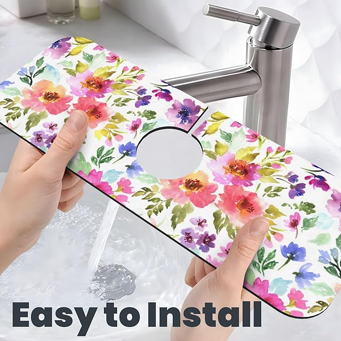 3Pcs Watercolor Flower Dish Drying Mat & Kitchen Sink Splash Guard Faucet Mat For Kitchen Counter Absorbent Microfiber Dishes Pad Dish Drainer Rack Mats Fast Dry Kitchen Accessories