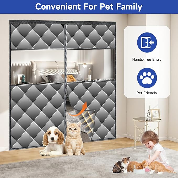Magnetic Thermal Insulated Door Curtain with Detachable Visible Windows, Thicken Polyester Fiberfill & Durable Oxford Fabric, Hands Free Windproof Door Screen, Fit Doors Size Up to 72 x 80 Inch, Grey