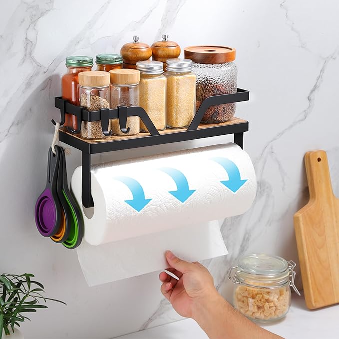 Paper Towel Holder - Kitchen Towel Holder with Shelf Wooden Spice Rack Organizer with 4 Hooks(Self-Adhesive & Wall Mounted)