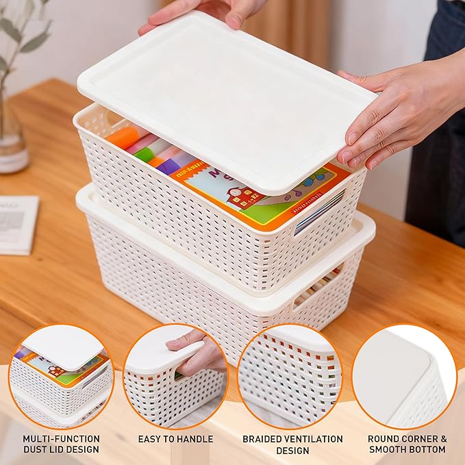 Plastic Storage Baskets With Lid, Storage Bins for Organizing, Stackable Decorative Containers for Shelves Drawers Desktop Closet Playroom Classroom Office, 8 Pack-White