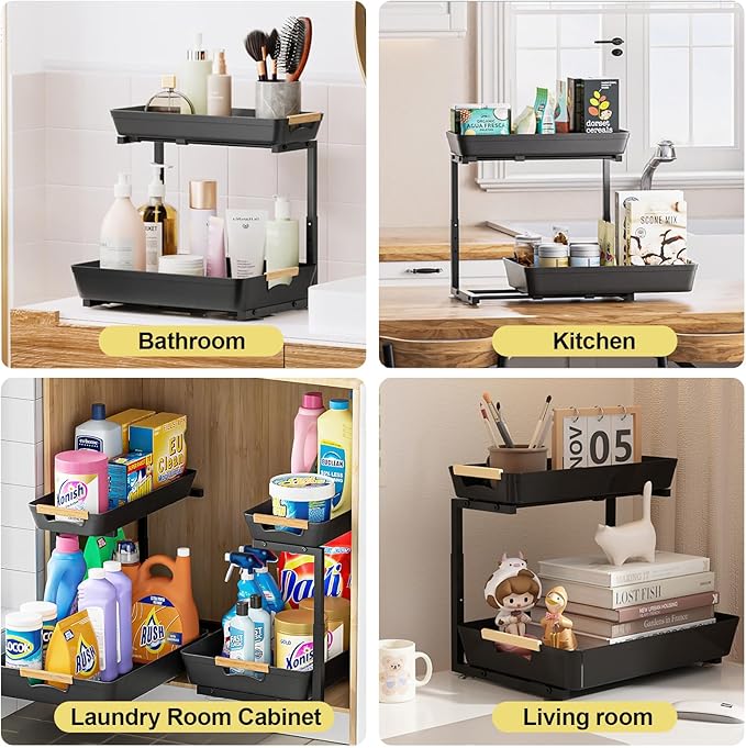 2 Pack Under Sink Organizer,2 Tier Pull Out Adjustable Height Under Cabinet Storage,Under Sink Storage for Kitchen Bathroom Cabinet