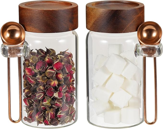 Patoper Glass Coffee Jars Spice Jar Round Storage Canister with Wooden Lid Clear Glass Food Jar for Pantry Sugar Tea Coffee Bean Spice Nuts Cookies Bath Salts (2×250ml(8.4oz) with scoop)