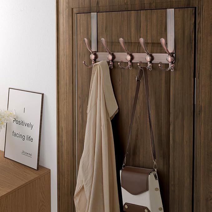 Dseap Over Door Hook 2.0 - Upgraded Version - Simple-Assembly, Strong, Heavy-Duty Stainless Steel 5-Tri-Hook Over The Door Hanger Rack, SimpleStrong Series, Antique Copper, Pack of 2
