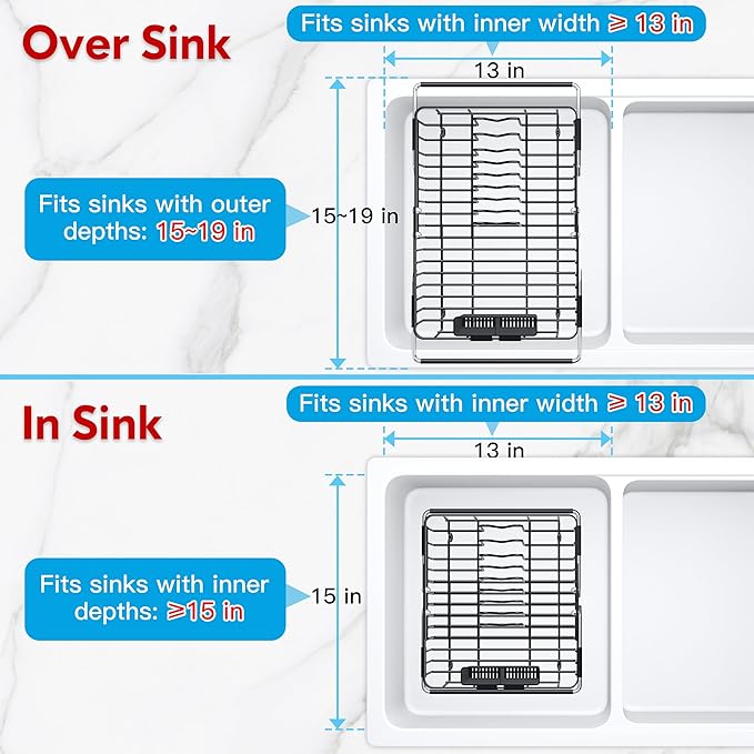 JASIWAY in Sink Dish Drying Rack, Expandable Stainless Steel Dish Drainers for Kitchen Sink, Over Sink Dish Drying Rack with Utensil Holder, 13.4''~16.9''D x 11.8''W, Black
