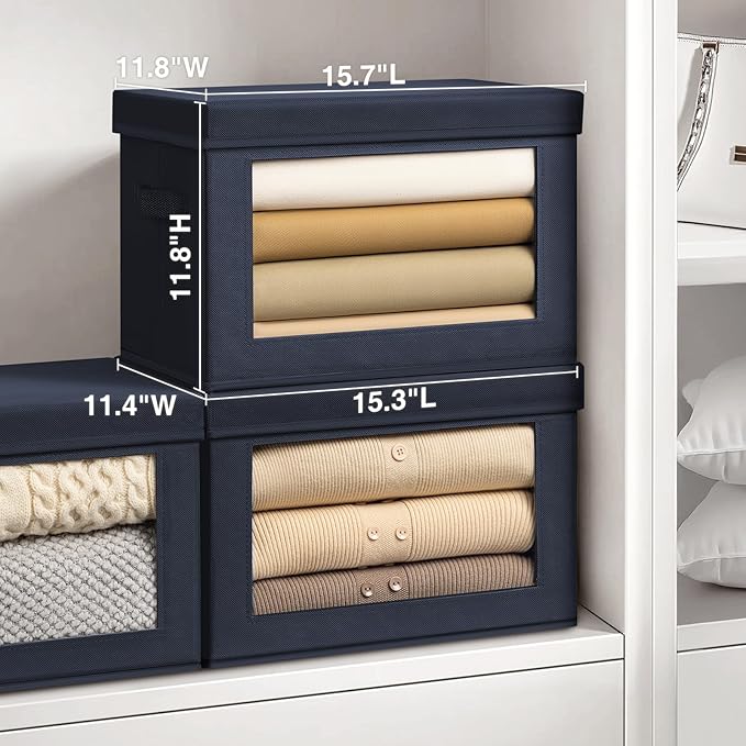 Stackable Storage Bins with Lids - Large Storage Box with Lids, Foldable Closet Boxes for Organizing, Wardrobe Clothes Organizer with Window, Cubes Bins for Living Room, 4 Pack, Navy Blue