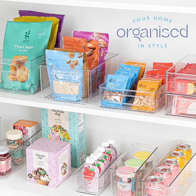Plastic Food Storage 4 Pack Clear Container Bin with Handles for Organizing Kitchen, Pantry, Fridge, Freezer, Pantry,Bathroom. 10"x4"3"