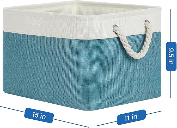 Temary Fabric Storage Baskets 4Pack Storage Bins Decorative Basket for Gift, Clothes Bin with Rope Handle, Rectangle Baskets for Storage, Blankets(White&Teal,15x11x9.5 inch)