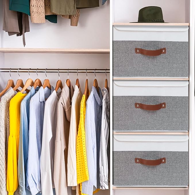 Yawinhe Collapsible Storage Bin, Cube Organizer Basket, Fabric Box with Lids, Washable and Leather Handle, for Home, Closet, White/Grey, 13.0''Lx9.0''Wx7.9''H, 1-Pack, SNK024WGS-1
