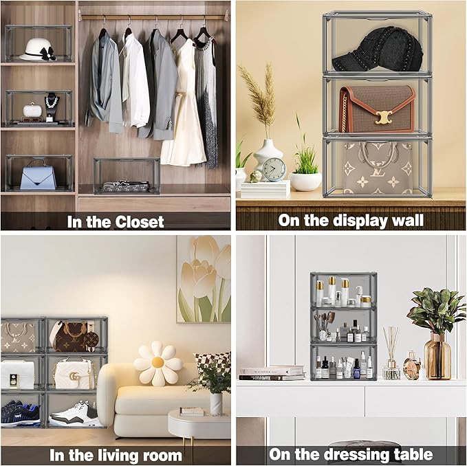 10 Pack Black Acrylic Shoe Display Case Size 12 Sneaker Storage Box Handbag Purse Organizer Clear Storage Bins with Magnetic Door for Shoes, Purse, Handbag, Figure Collectibles