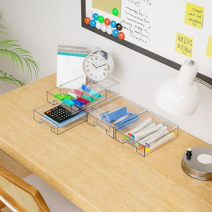 Yieach 4 Pack Small Clear Stackable Storage Drawers,2.2'' Tall Desk Organization and Storage,Plastic Office Supply Organizer,Acrylic Storage Containers for Makeup,Hair Clip,Accessory,Pen,Art Crafts