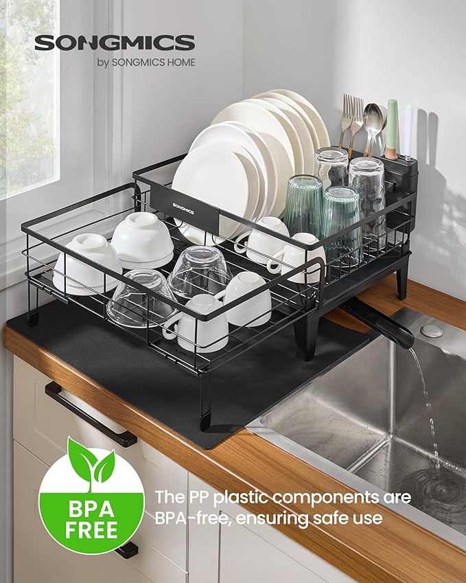 SONGMICS Dish Drying Rack, Kitchen Dish Rack with Drainboard, 360° Rotatable and Extendable Spout, with Cutlery Holder, (12.2-22) x 16.5 x 7.9 Inches, Ink Black UKCS552B01