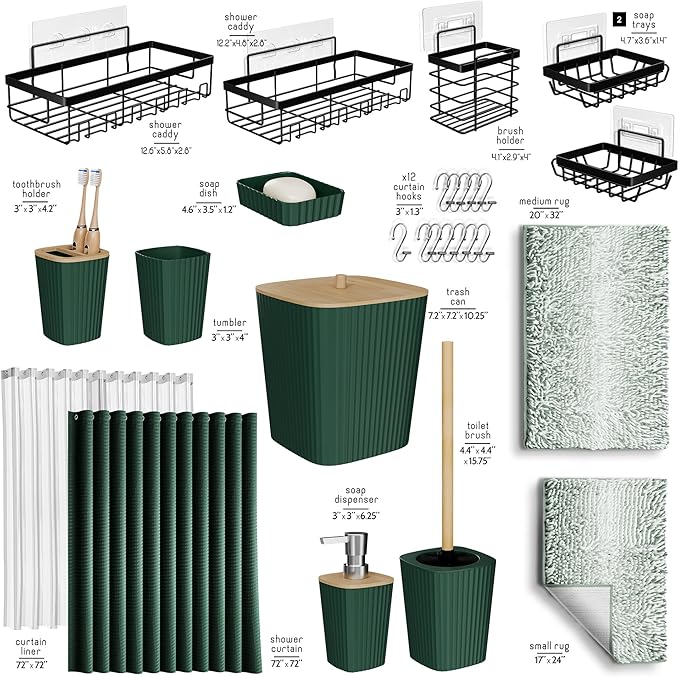 Clara Clark Bathroom Accessories Set - 27PC Bathroom Set with Adhesive Corner Shower Caddy Hanging, Bathroom Sets with Shower Curtain and Rugs, Ombre Green Shower Curtain Set with Bathroom Trash Can