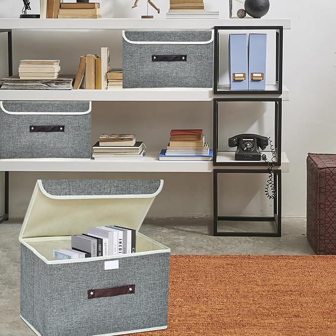 Storage Bin for Shelves Foldable Storage Organizing Basket with Lid&Handles Rectangle Closet Baskets,Gray Storage Bins, Storage Boxes for Home Office Car Dormroom