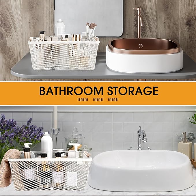 4 Pcs Metal Wire Basket with Wooden Handles Mesh Steel Storage Organizer Bin Containers for Home Organizing Cabinet Pantry Closet Kitchen Fridge Fruit Makeup Snacks Gifts(Large,Cream White)