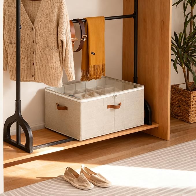 StorageWorks Shoe Organizer for Closet, Fits 24 Pairs, Adjustable Dividers & Clear Cover, Brown Shoe Storage Cubby