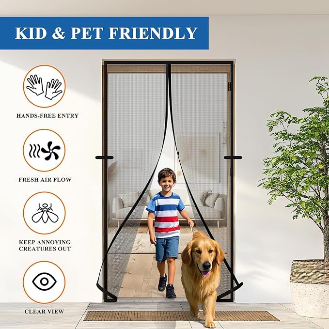 Magnetic Screen Door, Fits Door Size 60'' x 80'', Scratch-Proof Polyester, Classic Middle-Opening, Keep Annoying Creatures Out, Pet Friendly Mesh, Walk Through, Suitable for French/Double Doors, Black