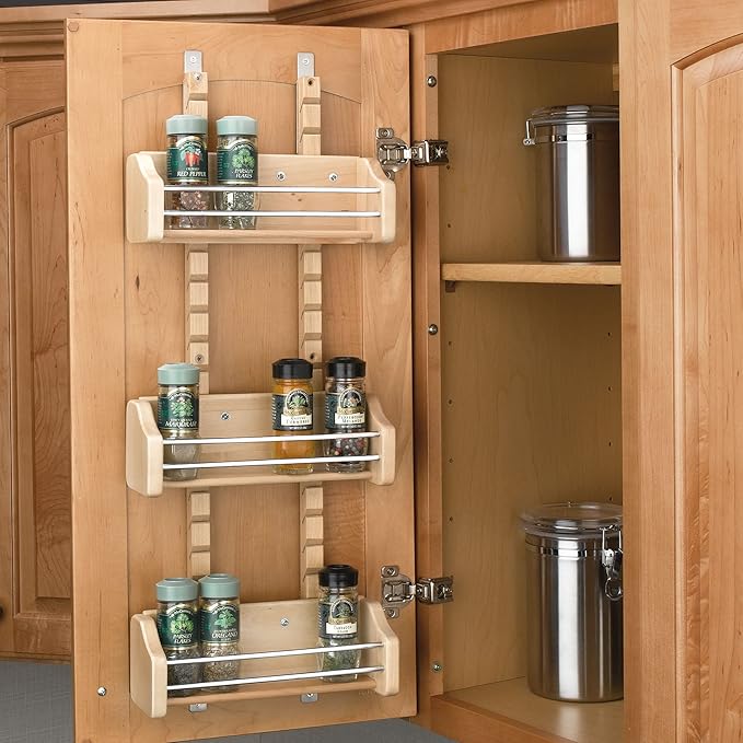 Rev-A-Shelf Wall Storage Organizer for Kitchen Cabinets, Door-Mounted Spice Rack with 3 Adjustable Shelves, Maple Wood, 4ASR-21