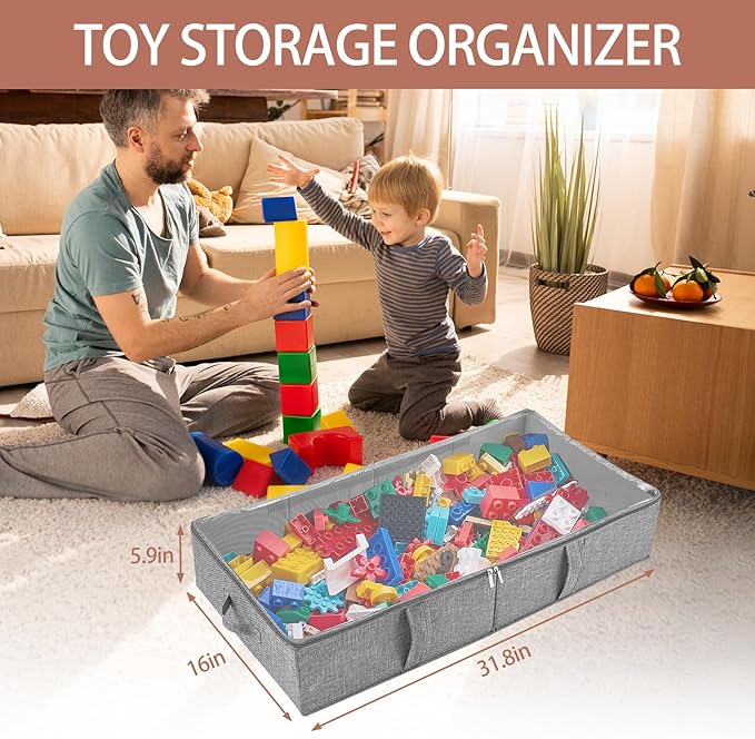 2-Pack Under Bed Toy Storage Boxes, Grey Toy Organizer with Clear PVC Lid, Foldable Under Couch Storage Bins (31.8×16×5.9in), Toys Storage Containers for Plush Dolls, Books, Clothes, Shoes & Blankets