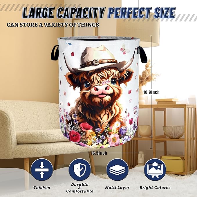 Cute Highland Cow Laundry Basket Foldable Oxford Cloth Cows Animal Laundry Hamper With Handle Clothes Storage Organizer Basket 18.9"x16.5" Storage Bag For Laundry Room/Bathroom/Bedroom/Dormitories