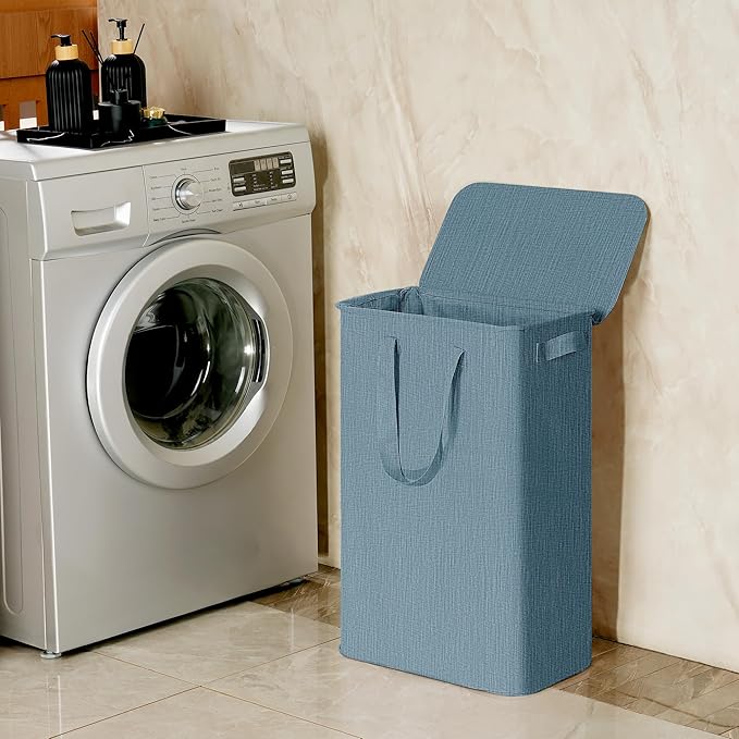 efluky Slim Laundry Basket with Lid, Narrow Laundry Hamper with Handles, Collapsible Dirty Clothes Hamper, Tall Laundry Bin for Laundry Room, Dorm and Bedroom, 55L Denim Blue