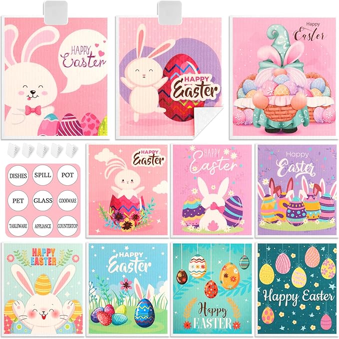 Easter Swedish Dishcloth Set of 10, Super Absorbent Swedish Kitchen Dish Cloths Reusable Paper Towels Cleaning Rags for Dishes Quick Drying, Easter Cute Bunny Rabbit Egg Prints Decorative Wipes