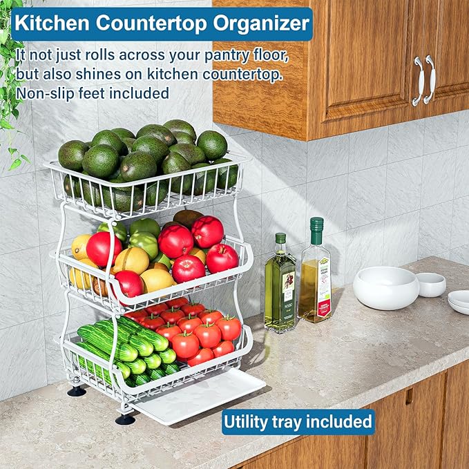 3-Tier Rolling Pantry Floor Organizer and Storage Cart with Wheels, Stackable Wire Pantry Baskets for Pantry Shelves, Kitchen Storage Rack and Fruit Basket Stand for Fruit Snack Onion Potato