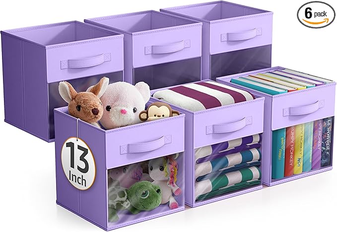Sorbus 13 Inch Storage Bins with Clear Window - 6 Foldable Baskets for Organizing Clothes, Toys, Books - Sturdy Collapsible Fabric Storage Cubes with Handle - Storage Baskets for Shelves, Closets