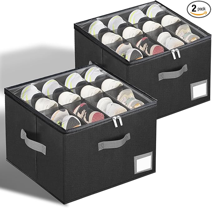 2 Pack Shoe Organizer for Closet, Large Shoe Box Storage Containers,Shoe Storage Box Fits 12-16 Pairs,Fabric Shoe Storage Bins with Clear Cover,Black
