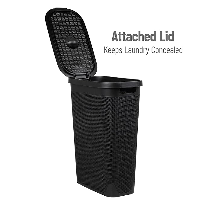 Mind Reader Slim Laundry Hamper with Lid, 40L Clothes Basket, Linen Design, Plastic, Black