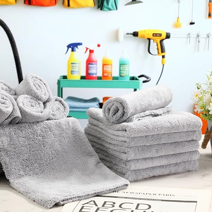 Shimeyao 30 Pcs 16 x 16 Inch Edgeless Microfiber Plush Towels for Cars Detailing Drying Wash Polishing Absorbent Cleaning Cloths, 500 GSM (Light Gray)