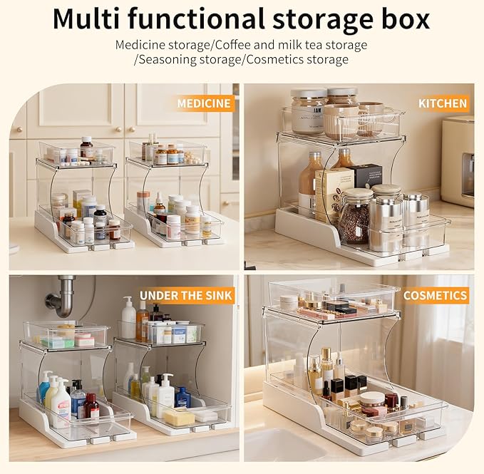 Pull Out 2 Tier Under Sink Organizer Clear Cabinet Organizer for Kitchen Bathroom Storage Rotating Pantry Rack for Spice Organization and Makeup Organizer for Drawer Durable Design 2 Pack