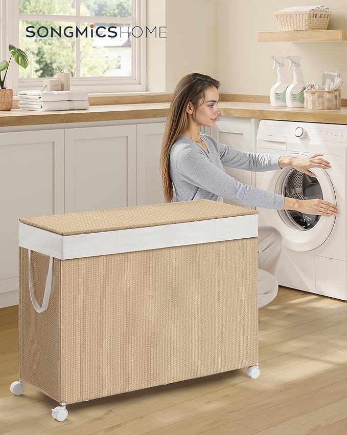SONGMICS HOME Laundry Hamper with 4 Section, 180 L Large Rolling Laundry Basket with Wheels, Rattan Clothes Basket with Lid, Removable Liner with Handles, Natural Beige and Matte White ULCB603N01