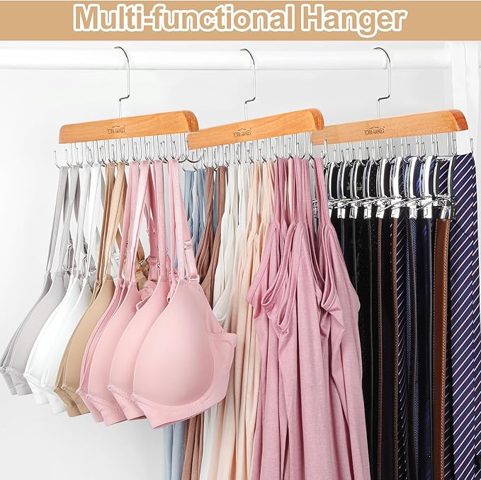 TOPIA HANGER Bra Hanger for Closet, Tank Top Hangers 20 Hooks Capacity Foldable Wood Space Saving Hangers Closet Organizer for Bra, Tank Top, Scarf, Belt, Tie, Hoodie etc - CT46N