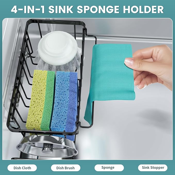 StorageRight 4-in-1 Sponge Holder for Kitchen Sink, Sink Caddy Organizers and Storage with Adhesive Hook & Suction Cups, Rustproof Kitchen Sink Organizer for Home Decor - Black