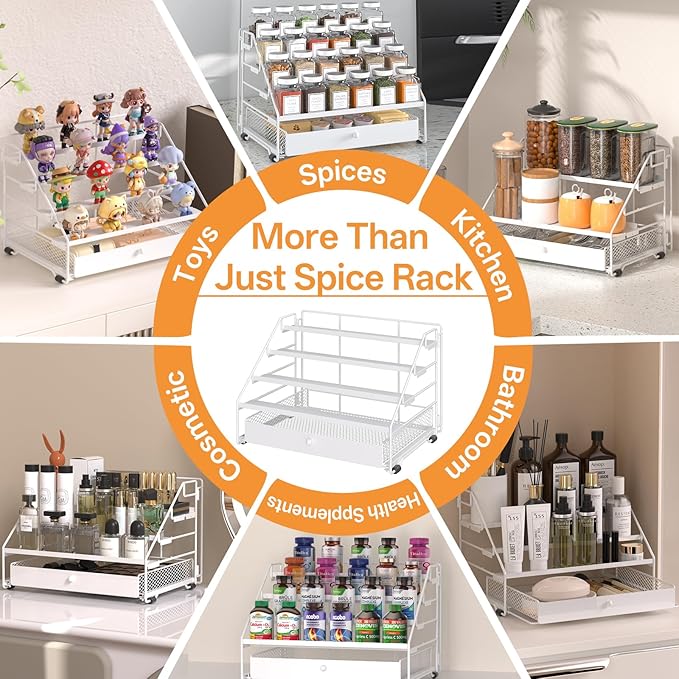Spice Rack Organizer for Cabinet: 4 Tier Spice Organization with Drawer, Depth Adjustable Metal Shelf for Kitchen Countertop, Cupboard, Pantry, Holds Seasoning and Condiments (White)