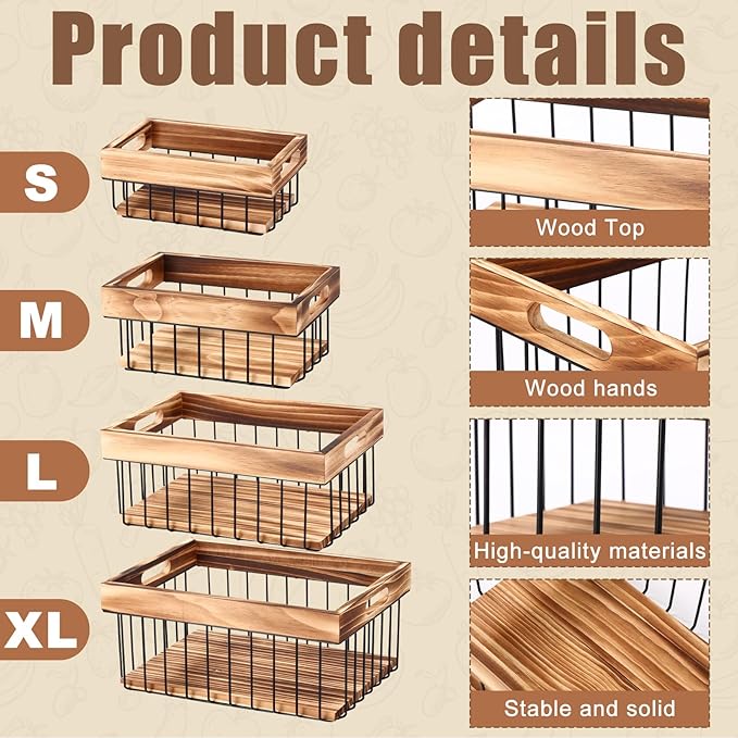 4 Pack Metal Wire Storage Basket, Multiple Sizes Basket with Handles Wooden Top and Bottom Containers Organizer Rustic Farmhouse Decor for Kitchen Cabinets, Bathroom, Pantry, Laundry Room