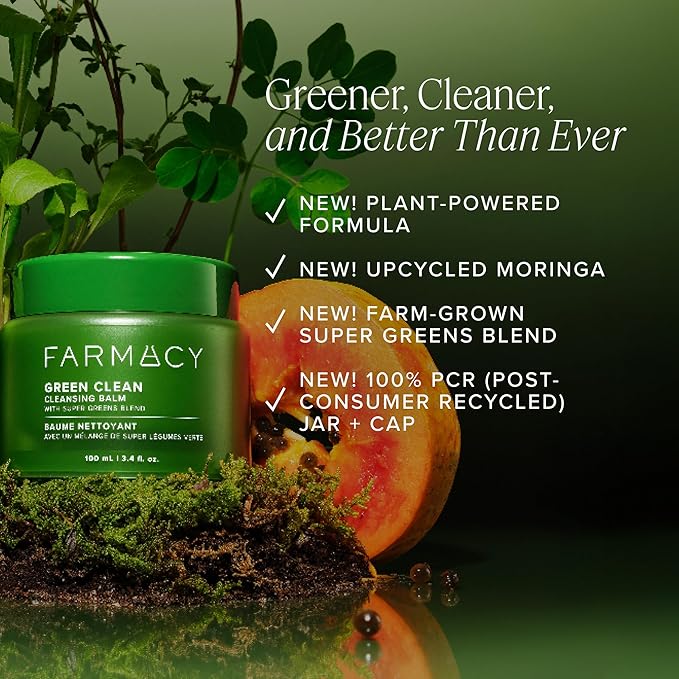 Farmacy Makeup Remover Cleansing Balm - Green Clean Waterproof Makeup Remover Balm + Oil Cleanser for Face - Gently Melts Make Up + SPF - Hydrates + Softens Skin with Super Greens + Papaya (100ml)