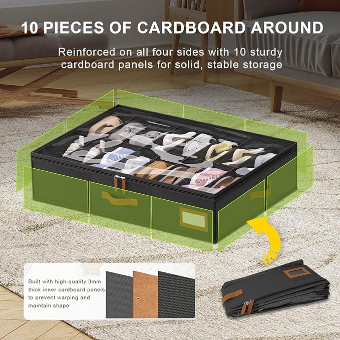 homyfort Shoe Organizer Under Bed, Fits 32 Pairs, Under bed Shoe Storage Boxes with Study Handles and Clear Cover, zapateras organizer for shoes, set of 2