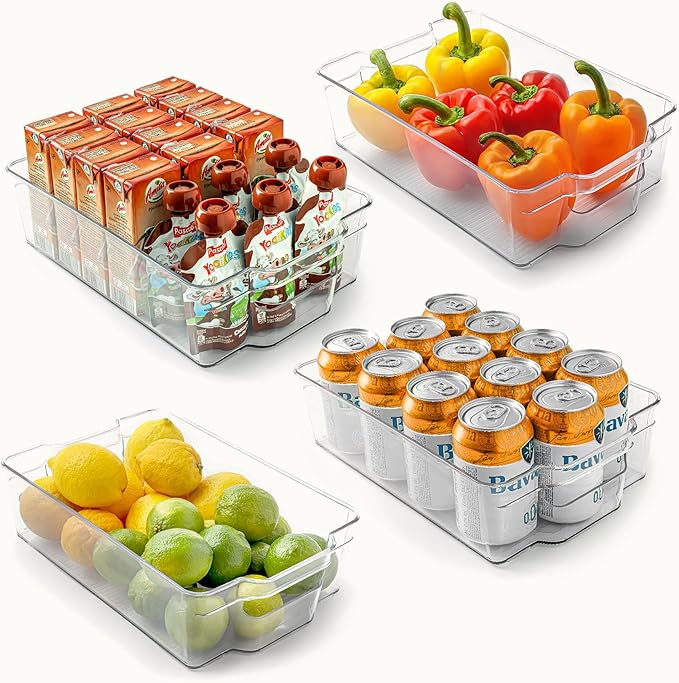 Zulay Kitchen 4 Pack Refrigerator Organizer Bins – Large Clear Fridge Storage Containers with Built-In Handles & Non-Slip Feet - Ideal Fridge Organizers, Kitchen Cabinets, Pantry Organization