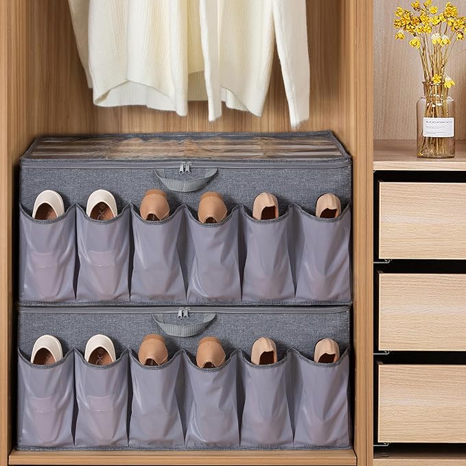 Extra Large Fabric Shoe Organizer for Closet, Fits up to 28 Pairs, Foldable Shoe Storage Bin Containers with Adjustable Dividers and Clear Cover, Grey, 2 Pack