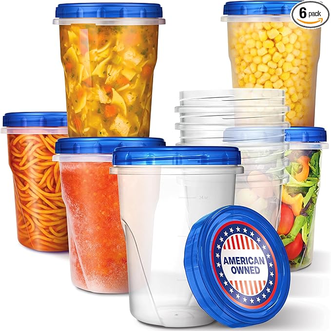 Stock Your Home 32oz Plastic Containers with Twist Top Lids (6 Pack), Quart Freezer Containers with Lids for Leftover Food, Airtight Reusable Soup Containers, Microwave and Dishwasher Safe