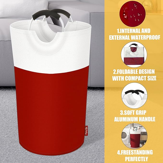 100L Laundry Basket, Collapsible Laundry Hamper with Padded Handles, Waterproof Laundry Bag, Tall Clothes Hamper Stand Up Well, Foldable Laundry Baskets for Easy Storage(Red)