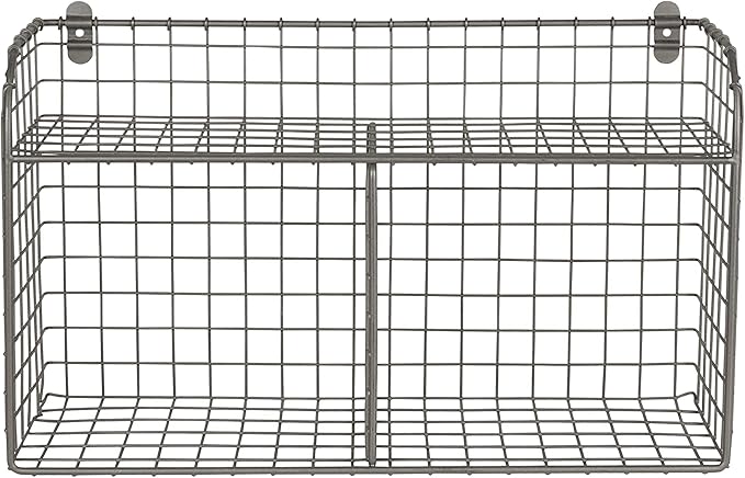 Spectrum 2 Bin Wall Mounted Wire Basket with Shelf Industrial Gray Organizer, Wall Mount Wire Basket Shelves for Kitchen Storage, Vintage Double Bin with Shelf Wall Mount Wire Storage for Organization