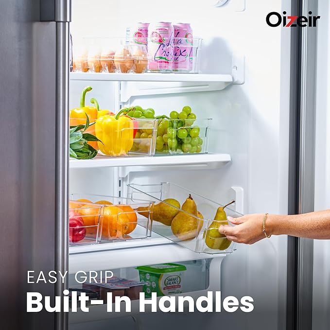 Oizeir 8 Pack Clear Plastic Fridge Organizer Bins - Stackable Refrigerator & Pantry Storage Bins with Handles for Snacks, Freezer, Kitchen Cupboard, and Cabinet Organization