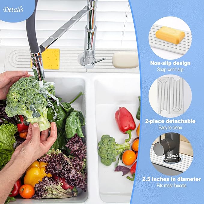 Stone Faucet Mat for Kitchen Sink- 15.6''x 3.9''Diatomite Fast-Drying Faucet Mat, Super Water Absorbing Stone Tray for Sink,Faucet Splash Guard for Bathroom Counter (White)