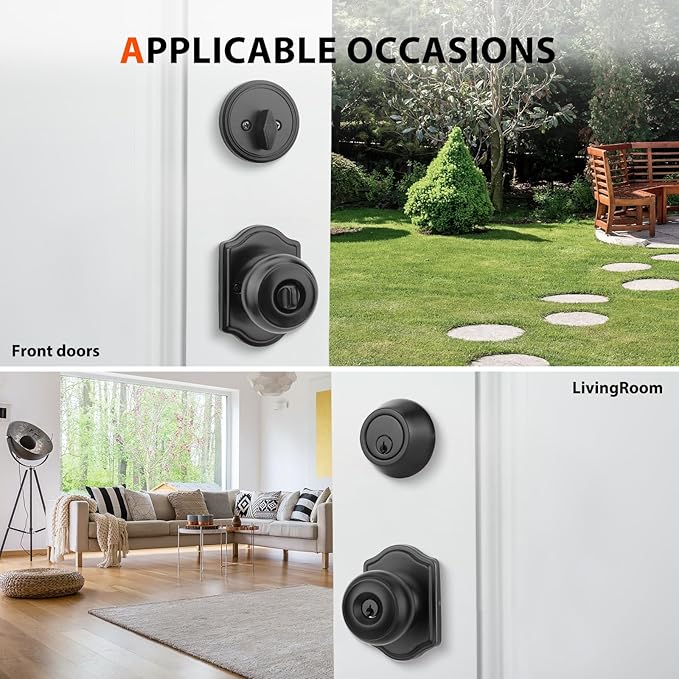 Haidms Black Exterior Deadbolt and Keyed Entry Door Knob Set, 2 Pack with Lock and Key
