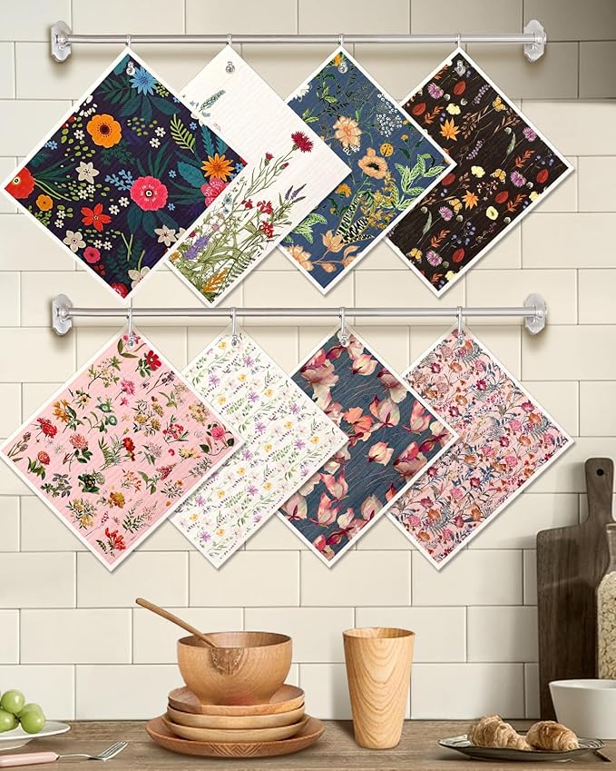 8 Pack Reusable Kitchen Swedish Dishcloths for Washing Dishes - Absorbent Fast Drying Cleaning Sponge with Cute Flower Design - Washable Decor Cloths