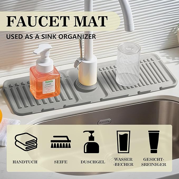 Faucet Mat for Kitchen Sink, Silicone Faucet Handle Drip Catcher Tray Mat, Silicone Kitchen Sink Splash Guard, Ideal Protective Tray for Stone Sinks in Kitchen & Bathroom